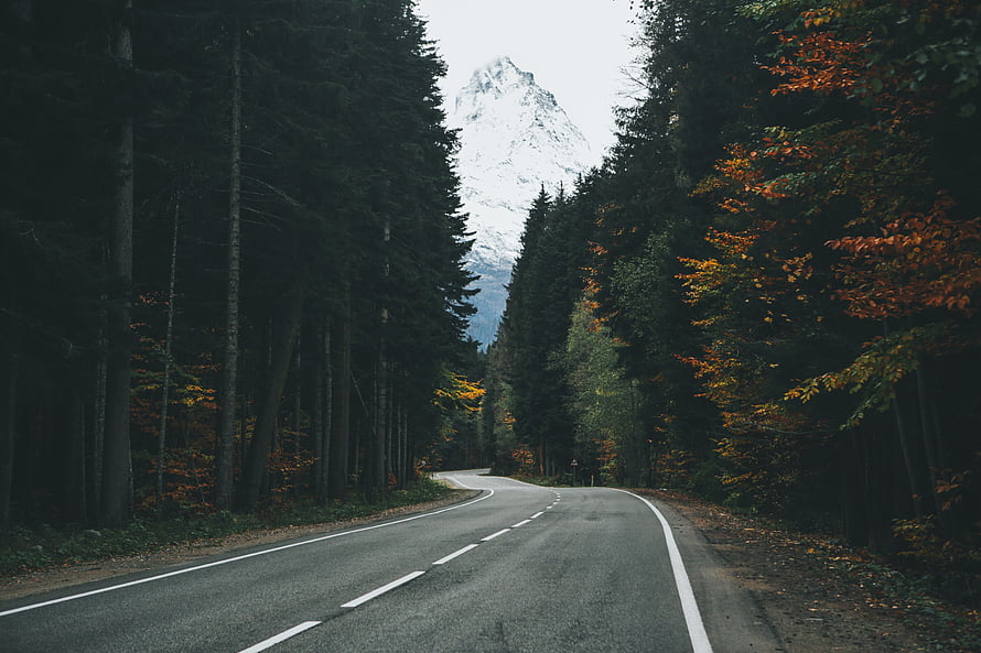 Winding Mountain Road Through Autumn Forest With Snow-Capped Peak HD wallpaper