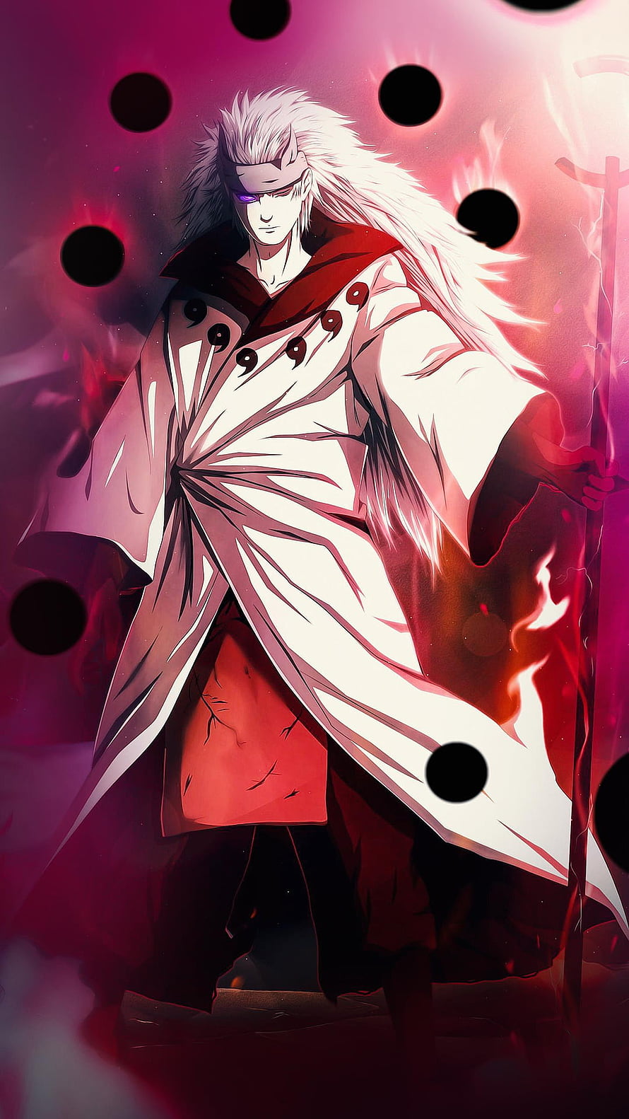 Uchiha Madara Anime Character in White Cloak with Red Accents and Dark Orbs HD phone wallpaper