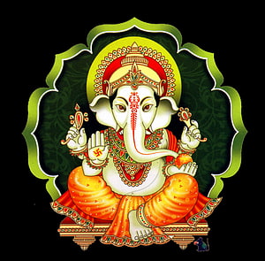 Lord Ganesha Seated on Ornate Pedestal with Traditional Indian Decorative Frame HD wallpaper