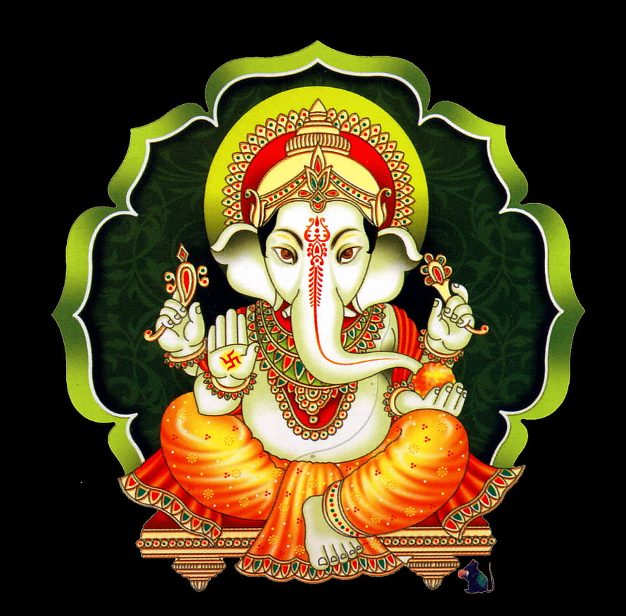 Lord Ganesha Seated on Ornate Pedestal with Traditional Indian Decorative Frame HD wallpaper