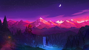Stylized Digital Art of a Mountain Range at Night with a Waterfall and Observatory Tower HD wallpaper
