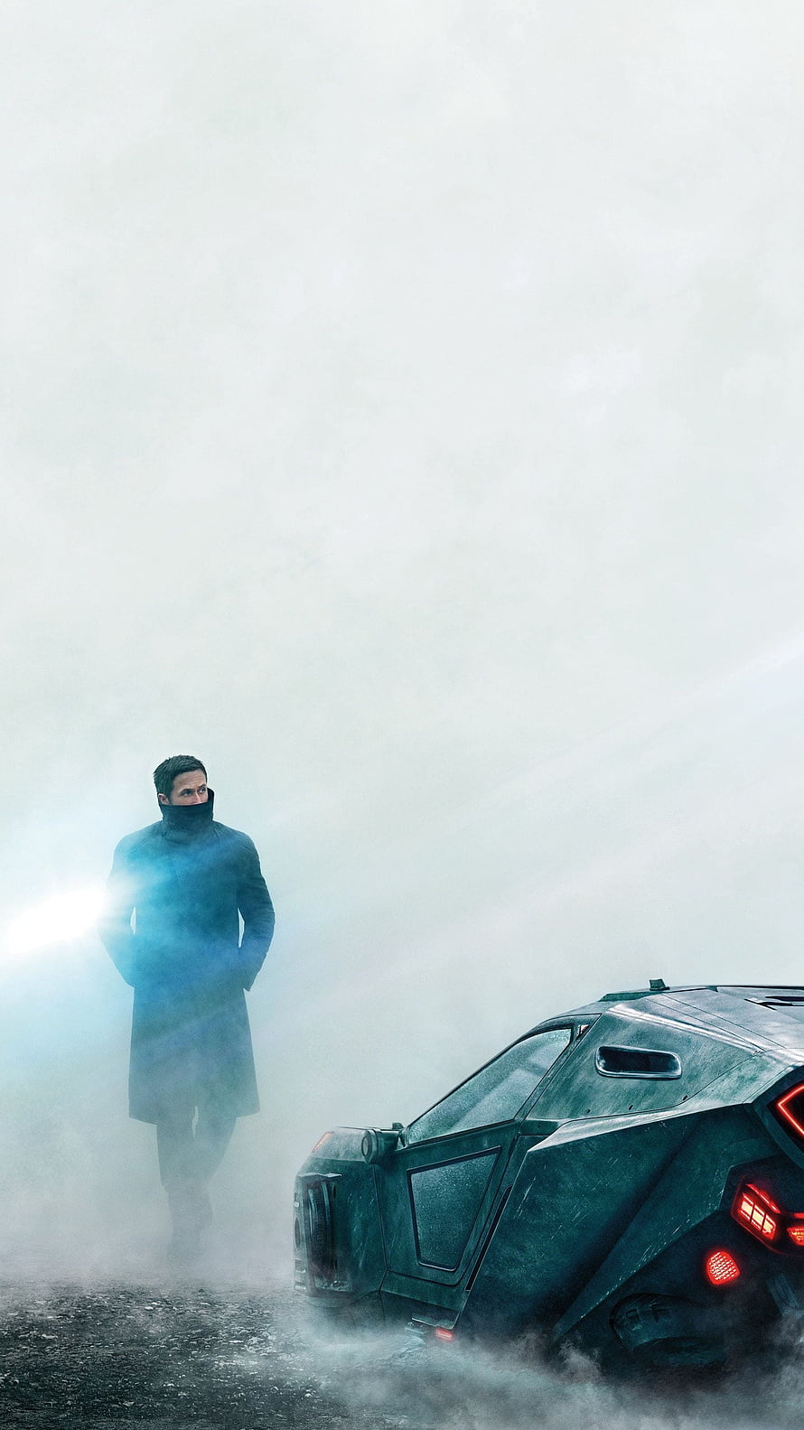 Blade Runner 2049 Cinematic Scene with Man and Futuristic Vehicle in Fog HD phone wallpaper