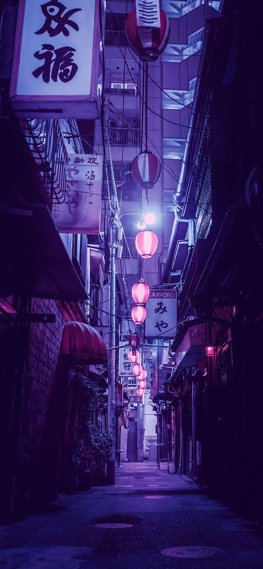 Neon-lit Japanese alleyway at night with glowing red lanterns and purple cinematic tones HD phone wallpaper