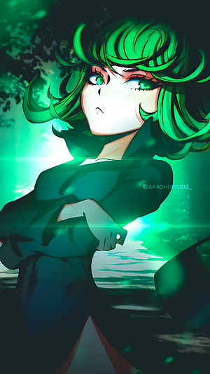 Tatsumaki from One Punch Man in a dramatic green-lit anime illustration HD phone wallpaper