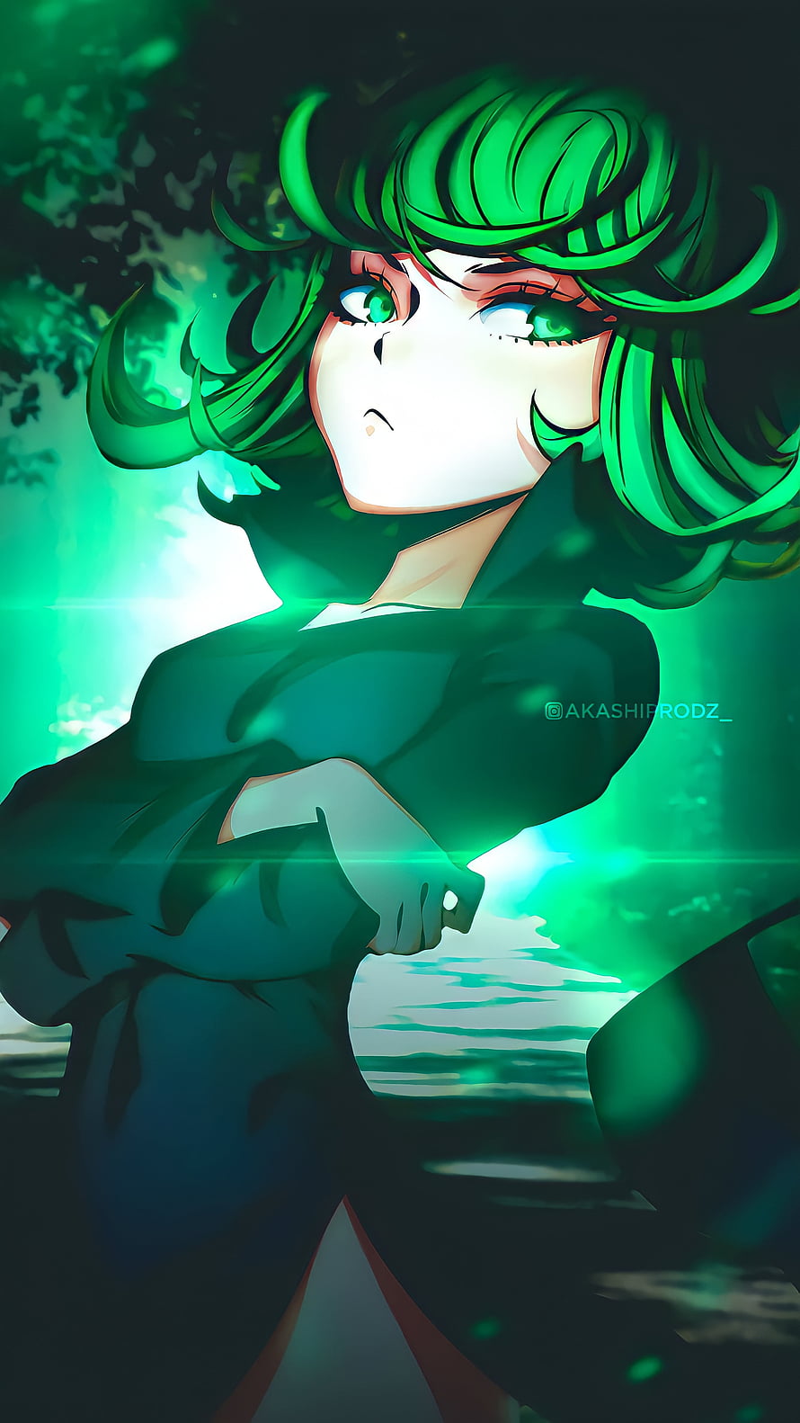 Tatsumaki from One Punch Man in a dramatic green-lit anime illustration HD phone wallpaper