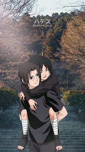 Itachi and Sasuke Uchiha in a Piggyback Embrace on Stone Steps HD phone wallpaper