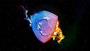 MSI Dragon Shield Emblem with Fire and Ice Effects on Dark Starry Background HD wallpaper
