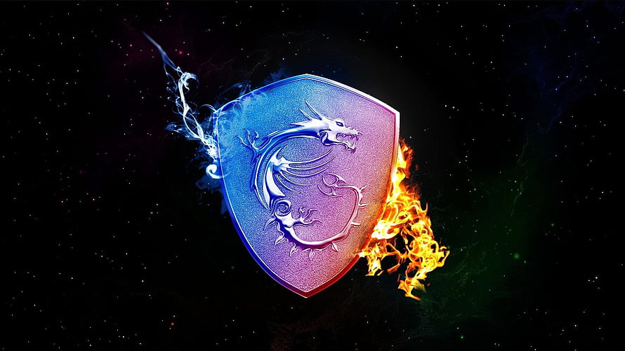 MSI Dragon Shield Emblem with Fire and Ice Effects on Dark Starry Background HD wallpaper