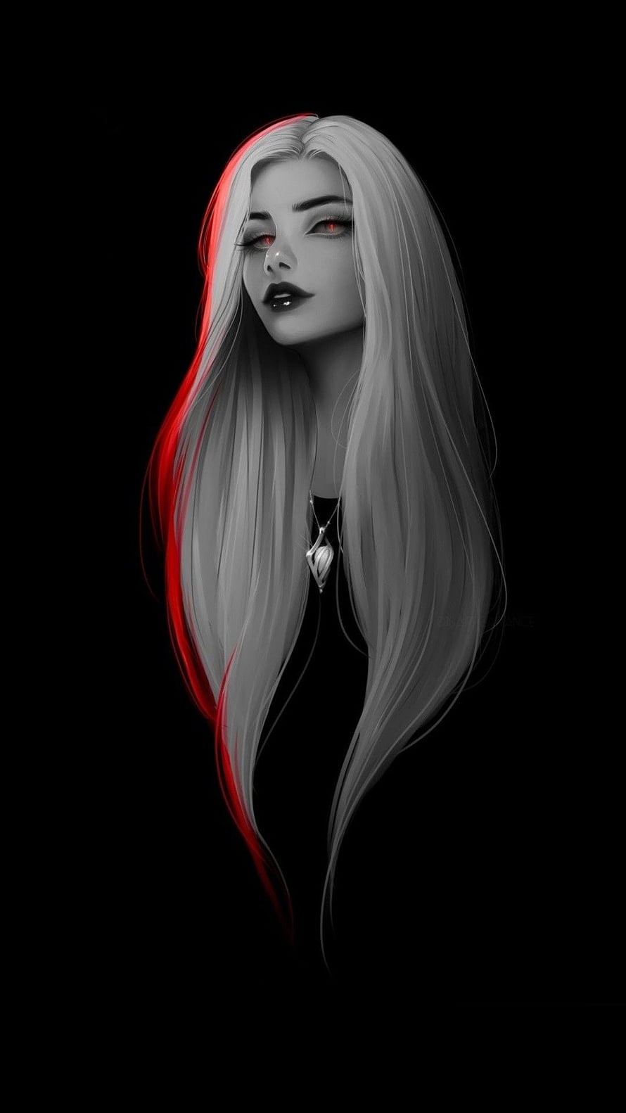 Digital Art Portrait of a Pale Woman with Red Eyes and Long White Hair HD phone wallpaper