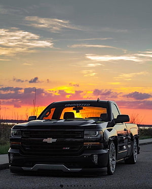 Black Chevrolet Silverado Z71 Stance Truck at Sunset HD phone wallpaper