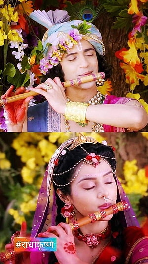 Radha Krishna Devotional Portrait Playing Flute in Traditional Indian Attire HD phone wallpaper