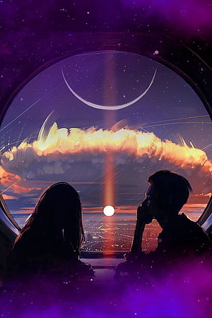 Silhouetted couple gazing at a cosmic nebula and crescent moon through a porthole window HD phone wallpaper