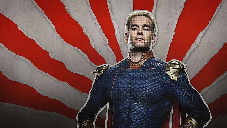 Homelander from The Boys in blue tactical suit with gold shoulder armor against red and white radial background HD wallpaper