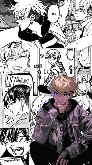 Matsuno Chifuyu from Tokyo Revengers in a colorful anime illustration surrounded by manga panels HD phone wallpaper