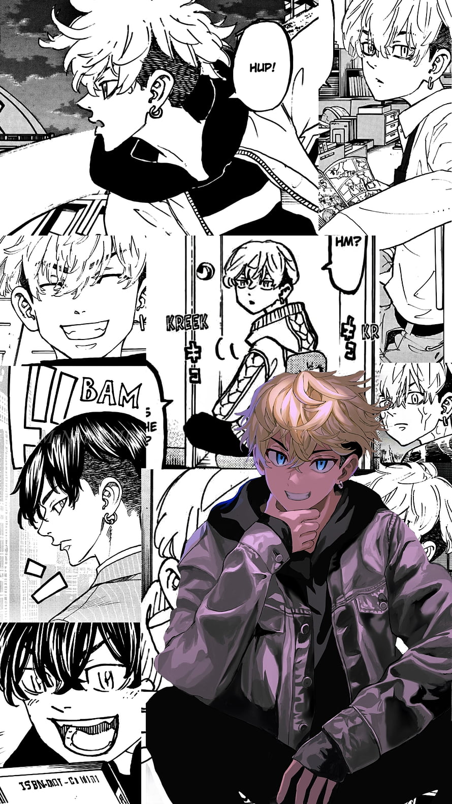 Matsuno Chifuyu from Tokyo Revengers in a colorful anime illustration surrounded by manga panels HD phone wallpaper