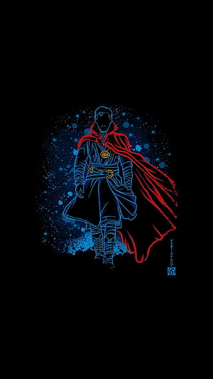 Doctor Strange Neon Line Art with Red Cloak and Cosmic Blue Background HD phone wallpaper