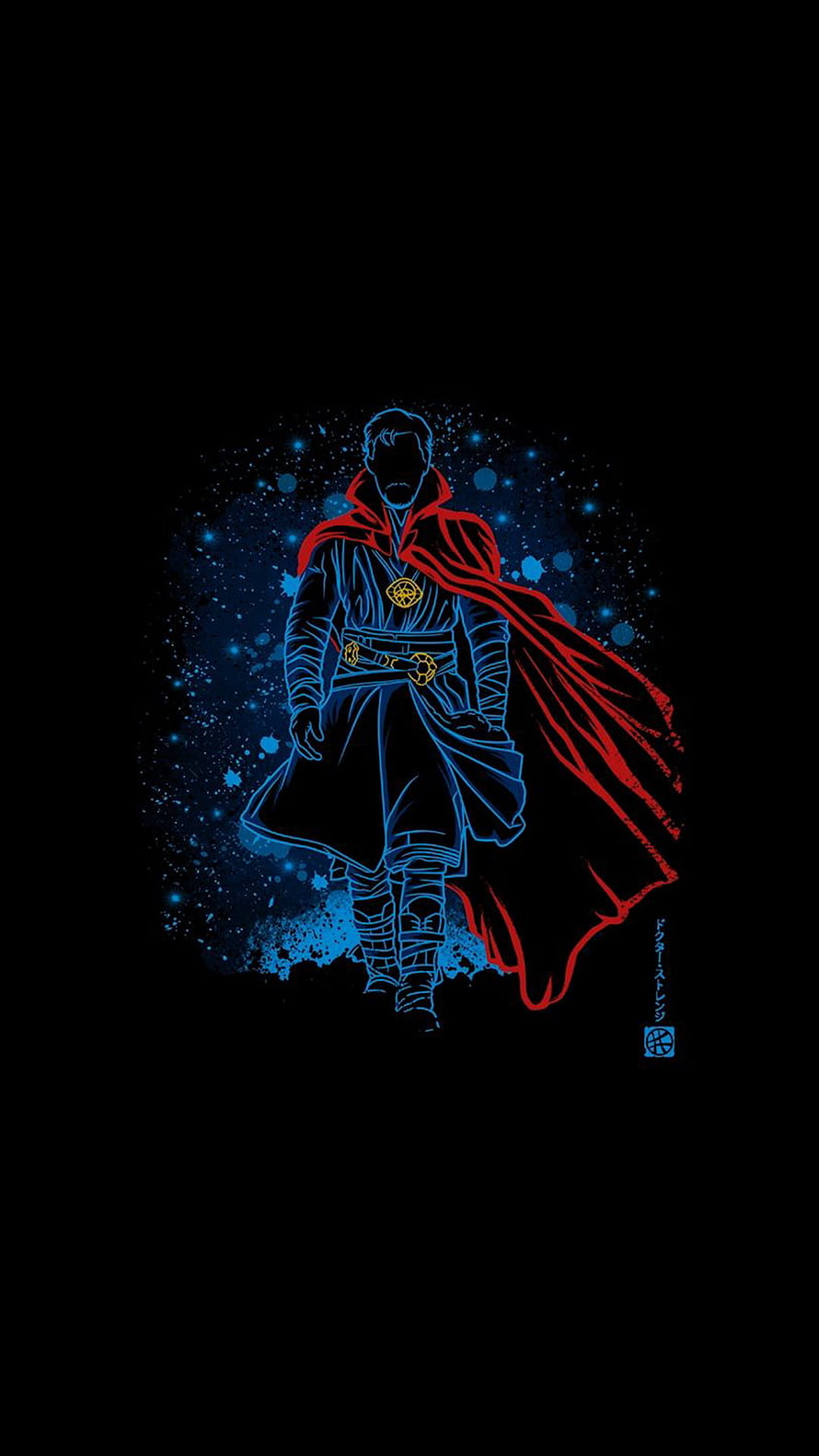 Doctor Strange Neon Line Art with Red Cloak and Cosmic Blue Background HD phone wallpaper