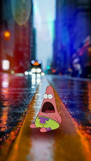 Patrick Star from SpongeBob SquarePants on a Rainy City Street at Night HD phone wallpaper