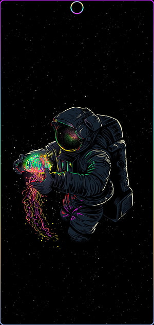 Astronaut Holding Glowing Jellyfish in Deep Space with Neon Accents and Starry Background HD phone wallpaper