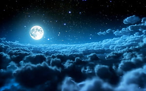 Full Moon Rising Above a Sea of Clouds in a Starry Night Sky HD wallpaper