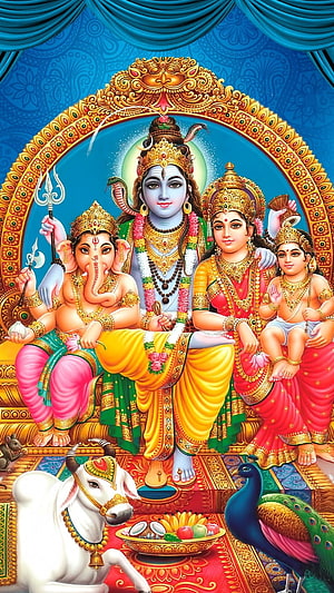Lord Shiva Family Portrait with Ganesha, Parvati, and Kartikeya on Divine Throne HD phone wallpaper