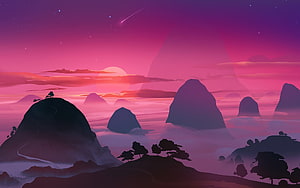 Pink Sunset Over Silhouetted Mountains and Clouds in Minimalist Digital Art Style HD wallpaper