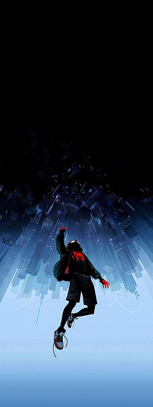 Miles Morales leaping over a futuristic cityscape in a dark cinematic digital art style HD phone wallpaper