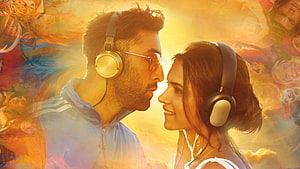 Tamasha Movie Poster Featuring Couple Wearing Headphones in Warm Golden Light HD wallpaper