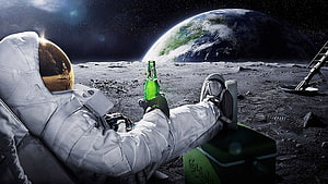 Astronaut Relaxing on the Moon with Carlsberg Beer and Earth in the Background HD wallpaper