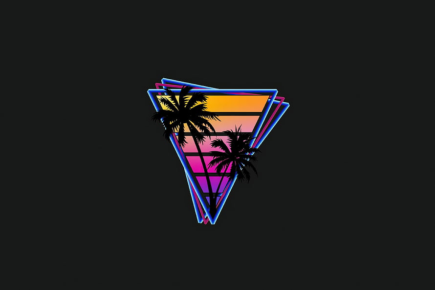 Retro Vaporwave Triangle with Neon Palm Trees and Sunset Gradient on Dark Background HD wallpaper