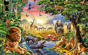 Vibrant African Savanna Wildlife Mosaic Featuring Lions, Elephants, and Hippos HD wallpaper
