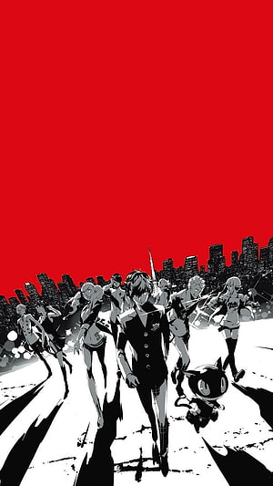 Persona 5 Phantom Thieves Walking Through Tokyo Cityscape in High Contrast Red and Black Anime Art HD phone wallpaper