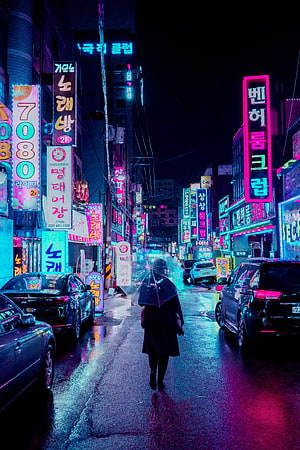 Cyberpunk Night Street in Seoul with Neon Signs and Rain Reflections HD phone wallpaper