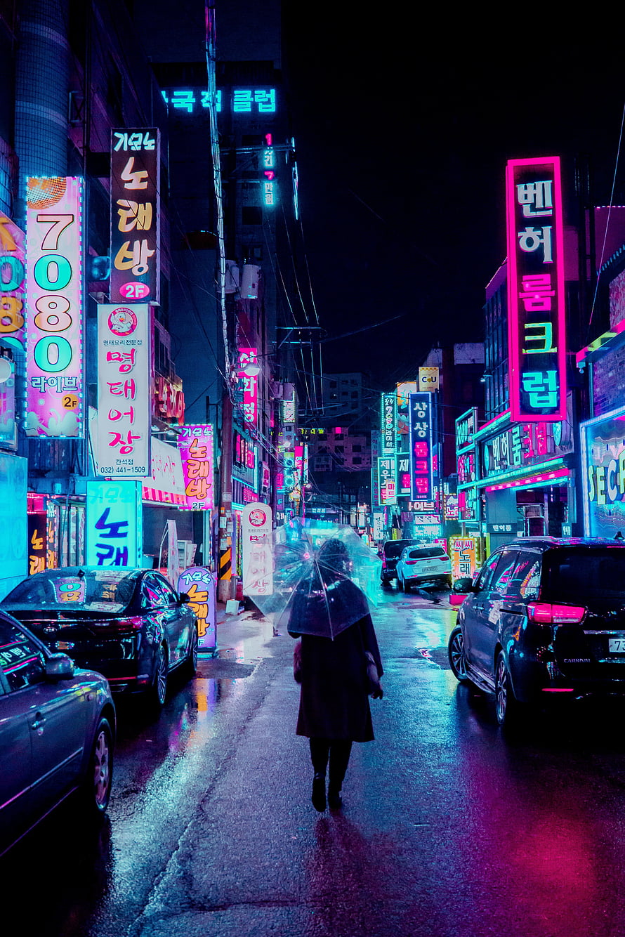 Cyberpunk Night Street in Seoul with Neon Signs and Rain Reflections HD phone wallpaper