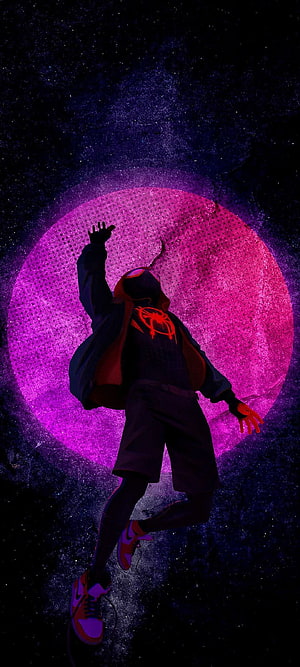 Miles Morales Spider-Man Silhouette Against Vibrant Purple Moon in Cosmic Space, Black 1080 X 2400 HD phone wallpaper
