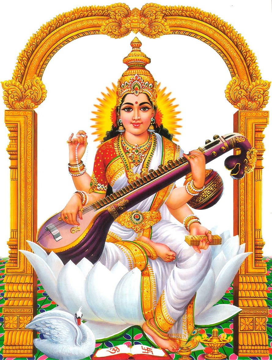 Goddess Saraswati Playing Veena on White Lotus with Swan and Golden Arch HD phone wallpaper