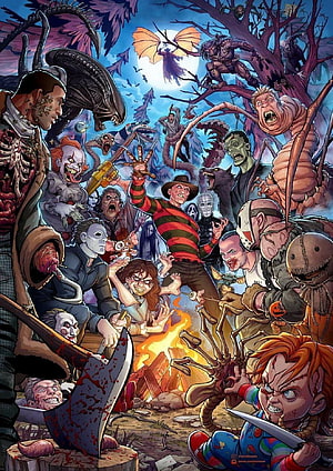 Illustration of iconic horror movie villains including Freddy Krueger, Jason, Chucky, and Alien gathered around a campfire HD phone wallpaper