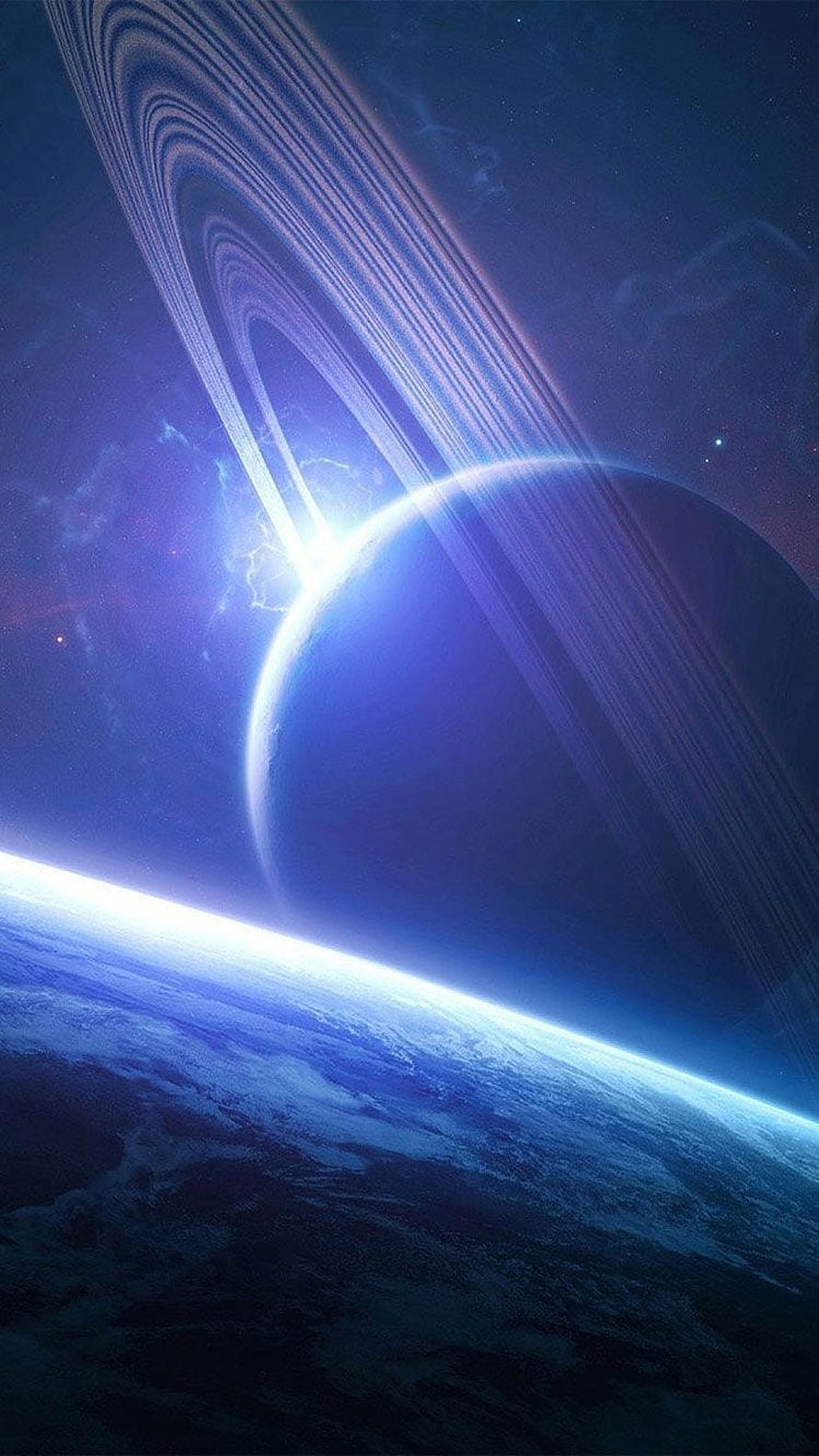 Stunning Space Scene Featuring Ringed Planet and Earth Horizon in Deep Blue Cosmos HD phone wallpaper