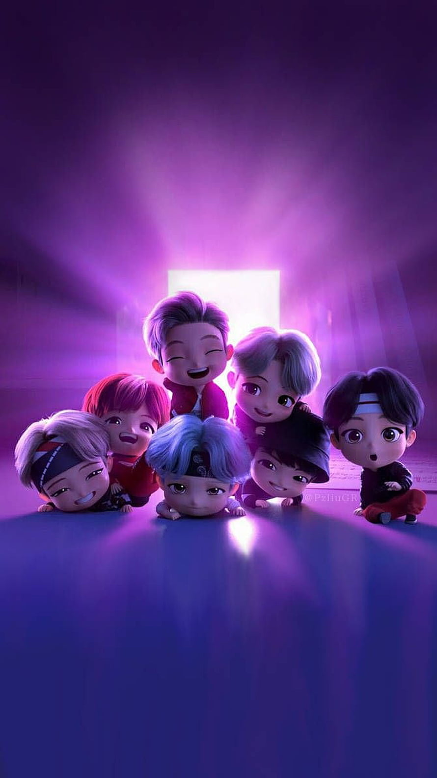 BTS TinyTan 3D Chibi Group Portrait with Purple Neon Stage Lighting HD phone wallpaper
