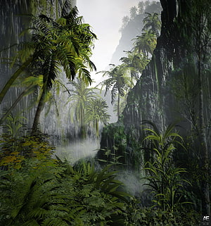 Misty Tropical Jungle Waterfall with Lush Palm Trees and Dense Rainforest Foliage HD phone wallpaper