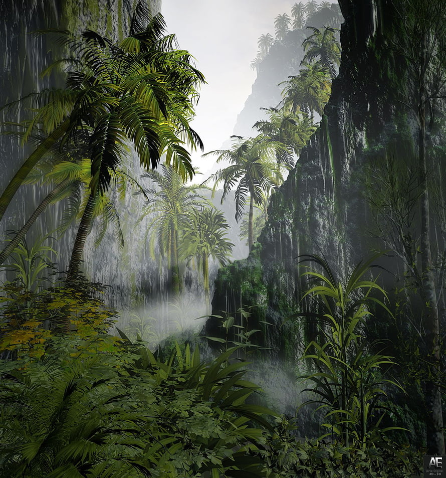 Misty Tropical Jungle Waterfall with Lush Palm Trees and Dense Rainforest Foliage HD phone wallpaper
