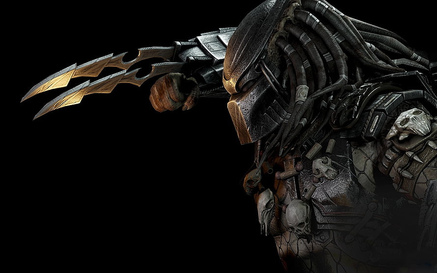 Predator Warrior Profile with Wrist Blades and Skull Trophies on Black Background HD wallpaper