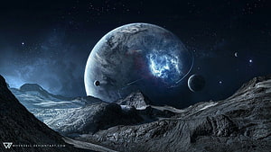 Majestic Sci-Fi Planet Rising Over Rugged Alien Terrain in Deep Space HD wallpaper