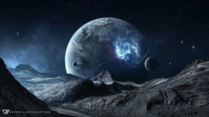 Majestic Sci-Fi Planet Rising Over Rugged Alien Terrain in Deep Space HD wallpaper