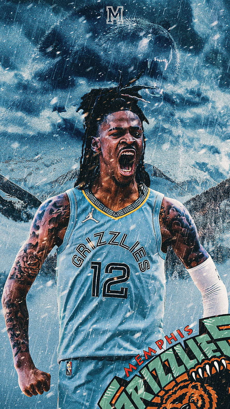 Ja Morant Memphis Grizzlies Number 12 Jersey Dramatic Snowy Mountain Background HD phone wallpaper