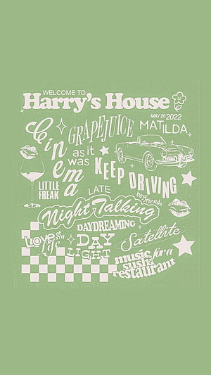 Harry's House Album Typography Art with Retro Car and Checkered Pattern on Sage Green Background HD phone wallpaper