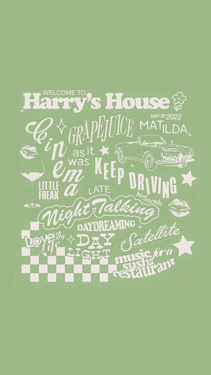 Harry's House Album Typography Art with Retro Car and Checkered Pattern on Sage Green Background HD phone wallpaper