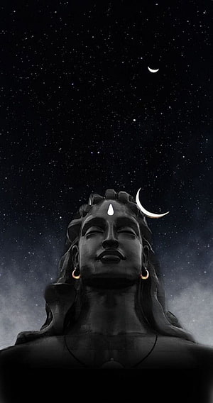 Lord Shiva Statue Under Starry Night Sky With Crescent Moon HD phone wallpaper