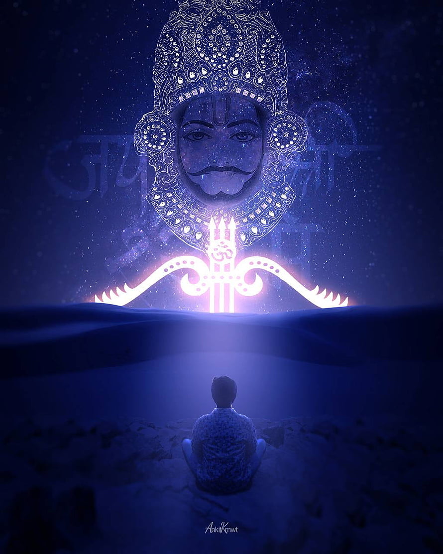 Khatu Shyam Baba Divine Portrait With Glowing Ornate Crown and Meditating Figure in Blue Night Sky HD phone wallpaper
