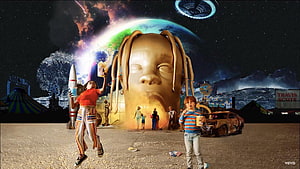 Travis Scott Astroworld Festival Collage with Giant Statue and Cosmic Sky HD wallpaper